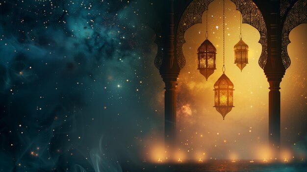 Elegant islamic lanterns hanging in a serene mystical archway setting with celestial light and smoke