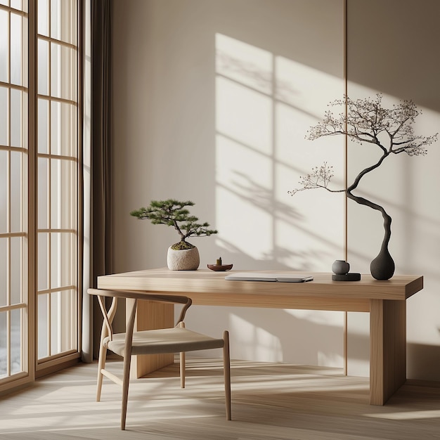 Elegant japanese Home Office with Modern Pot Tree and Coffee