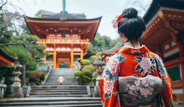 Elegant kimonoclad woman exploring traditional temple