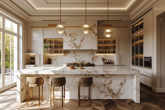 An elegant kitchen with luxury finishes complete with marble countertops