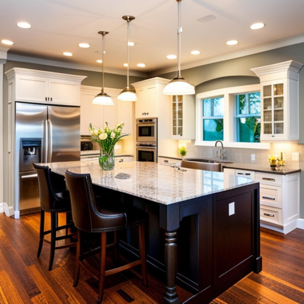 An elegant kitchen with marble countertops sleek appliances and pendant lights