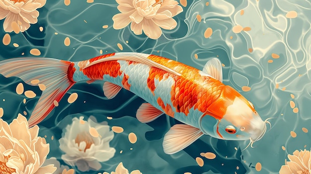 Elegant Koi Fish Swimming Among Lotus Flowers Generative AI