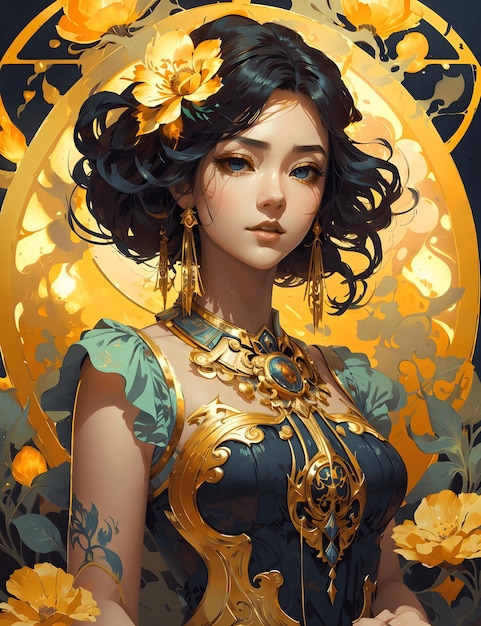 Elegant Korean Beauty Flowing in Yellow Metallic Grace