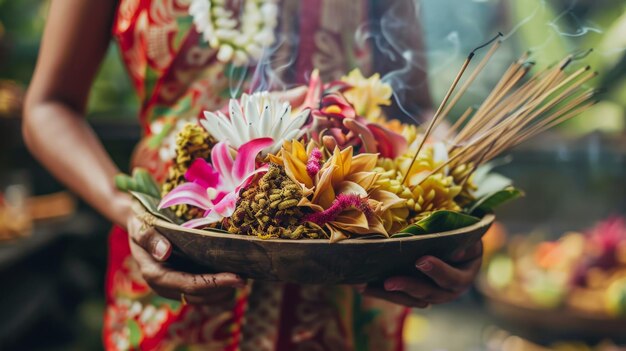 Photo an elegant lady holding a basket of flowers and incense sticks