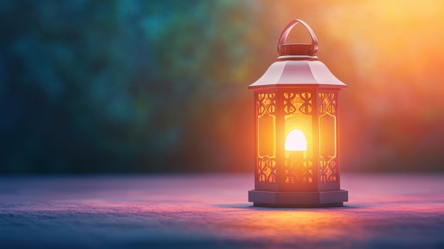 Photo an elegant lantern glowing softly in a serene outdoor setting perfect for evoking warmth and tranquility in any design