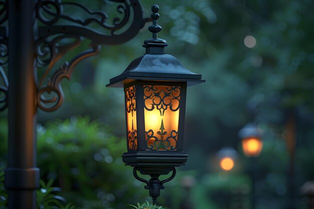 Photo elegant lantern illuminating a serene garden pathway at dusk