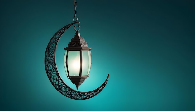 Elegant Lantern with Moon Crescent Design and Glowing LightTraditional Arabic Lantern with Intric