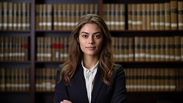 Photo elegant legal assistant in front of a law bookcase using generative ai