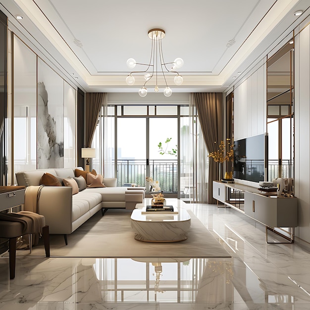 Elegant Light Luxury Living Room with Balcony View