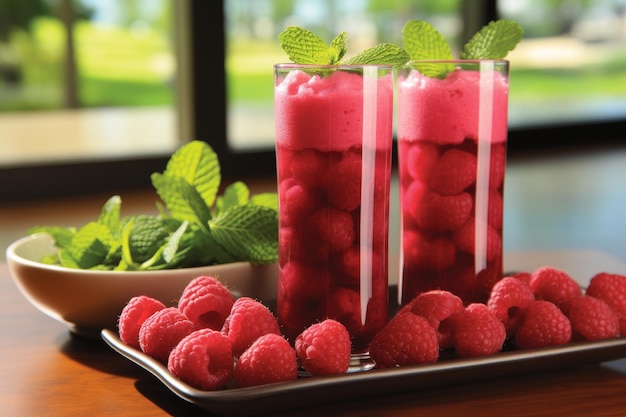 Elegant light pink cocktails with fresh raspberries white berries and mint on round plate