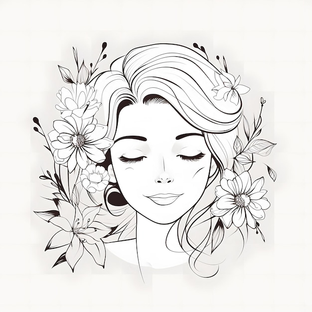 Elegant Line Art of a Woman with Floral Accents