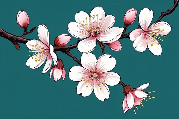 Elegant line drawing of a spring cherry blossom branch illustration for invites and cards