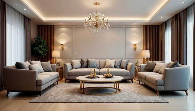 Elegant living room design Large sofa set comfortable armchair and stylish tea table with chic decor