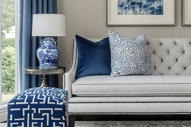 Elegant living room featuring classic blue and gray decor with textured textiles