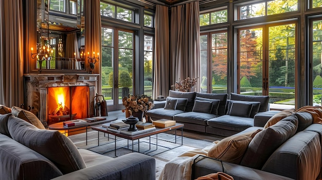 Elegant Living Room Indulgence Tranquil Garden View Through Luxe Grey Sofas and Crackling Fireplace