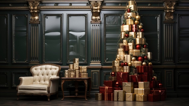 Elegant living room interior embellished with a Christmas tree and holiday packages