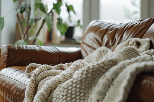 Elegant Living Room Showcasing a Cozy Knitted Throw Over a Sleek Leather Sofa for a Chic Comfortable Feel