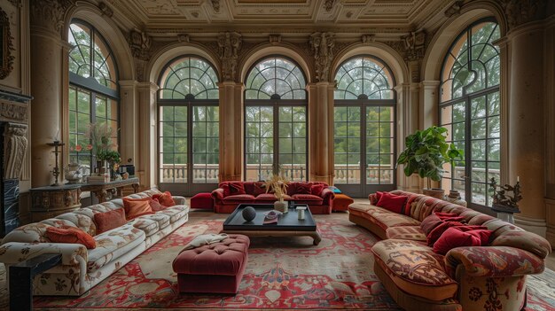 Elegant living room with arched windows and outdoor views in a luxury home