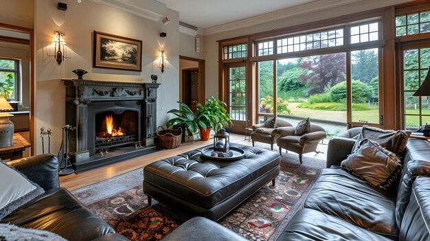 Elegant Living Room with Leather Seating and Lush Garden Views A Tranquil Haven of Luxury and Comfor