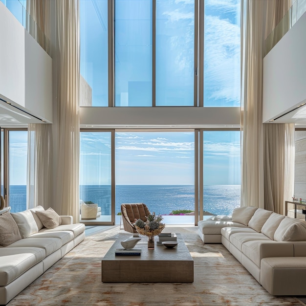 Elegant living room with sea view and serene atmosphere