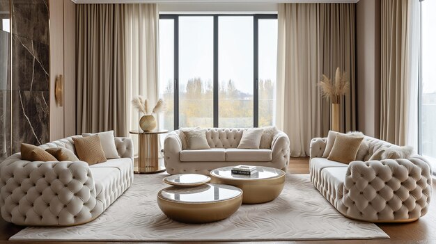 Elegant Living Room with Tufted Sofas and Modern Decor