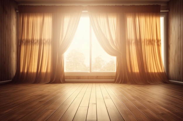 Elegant living room with wooden flooring and beautiful curtains Generative AI