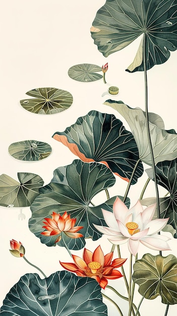 Elegant lotus flowers and leaves on light background