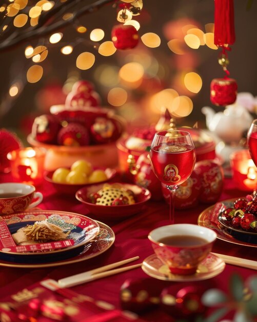 An elegant Lunar New Year dinner table setup with traditional decor featuring red and gold elements