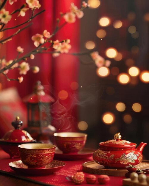 An elegant Lunar New Year tea ceremony setup with traditional decor featuring red and gold elements