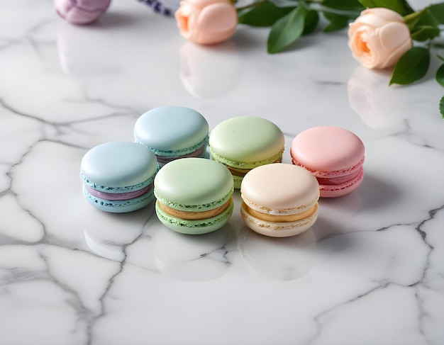 Photo elegant macarons on white marble table with pastel tones and roses in background