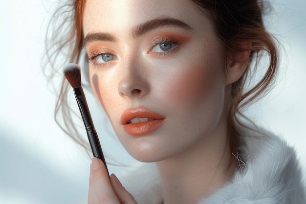 Elegant makeup application scene young model with a beauty brush enhancing her flawless skin