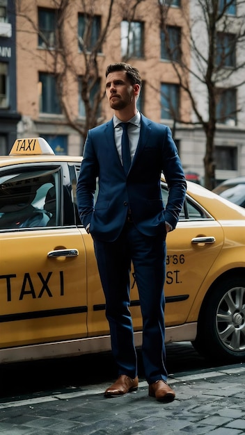 Photo elegant man standing next to his car for taxi services