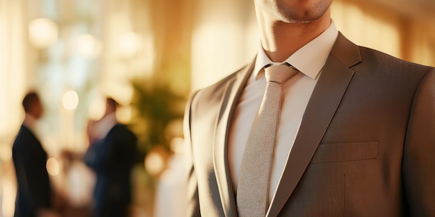 Photo elegant man wearing a tie at a formal event with a blurred background of a ballroom or corporate setting