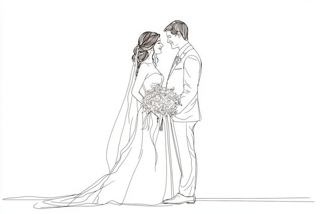 Photo an elegant man with a bouquet proposes marriage to a woman in a wedding dress love relation a continuous line drawing design graphic modern illustration