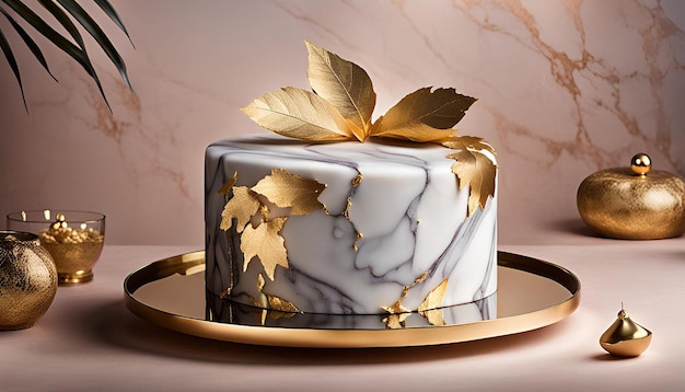 Photo elegant marble fondant cake with gold leaf accents