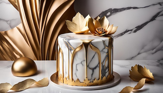 Photo elegant marble fondant cake with gold leaf accents