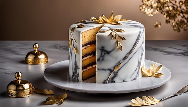 Elegant marble fondant cake with gold leaf accents