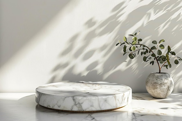 Elegant marble table with plant shadow white wall and stone podium for product placement in a trendy