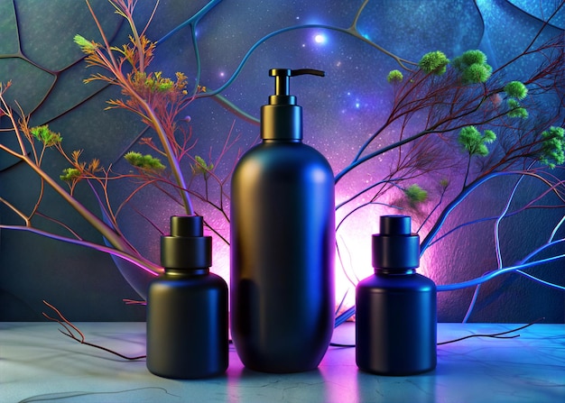 Elegant Matte Black Bottles with Colorful Foliage and Cracked Texture Background