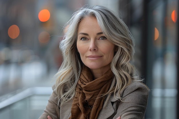 Elegant Mature Caucasian Woman with Gray Hair and Brown Scarf Standing Confidently on a City Street