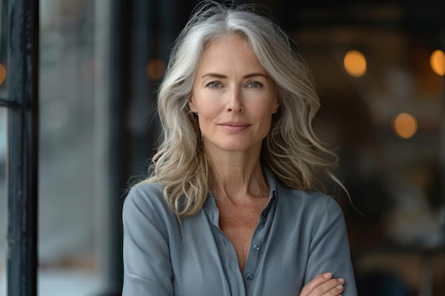 Elegant Mature Caucasian Woman with Gray Hair Standing Confidently Outdoors in a Casual Outfit