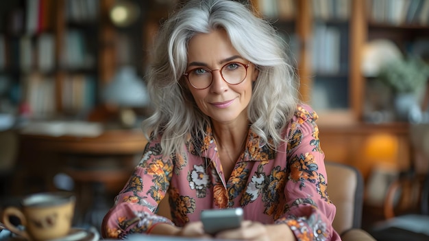 Elegant mature woman with glasses using smartphone in a cozy interior with a warm ambiance