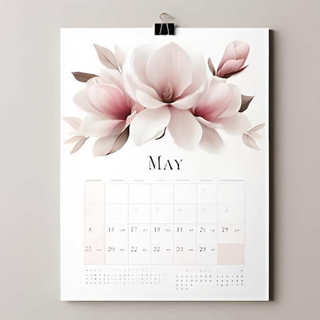 Elegant May Calendar with Soft Pink Floral Designs on a Minimalistic White Background for Home Dcor