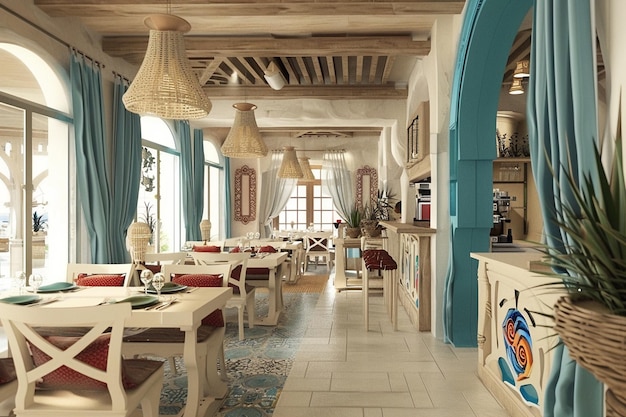 Elegant Mediterranean style restaurant interior rustic design Cozy atmosphere public place