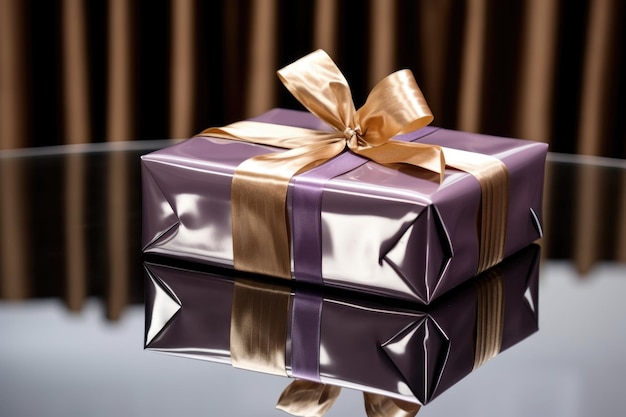 Elegant metallic gift wrap on gift box on reflective surface