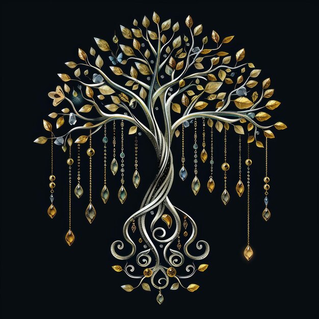 Photo elegant metallic tree of life with hanging ornaments perfect for wall art posters and prints