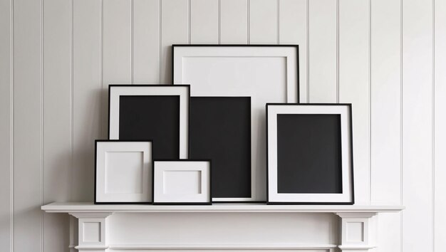 Photo elegant minimalist arrangement of picture frames on white mantelpiece