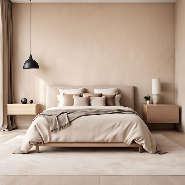 Elegant minimalist bedroom interior design with modern beige stucco wall decor