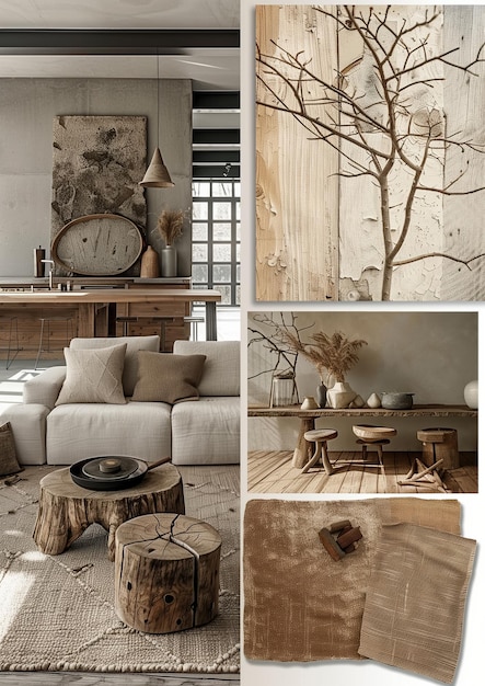 Photo elegant minimalist home decor mood board featuring natural wooden elements and neutral tones