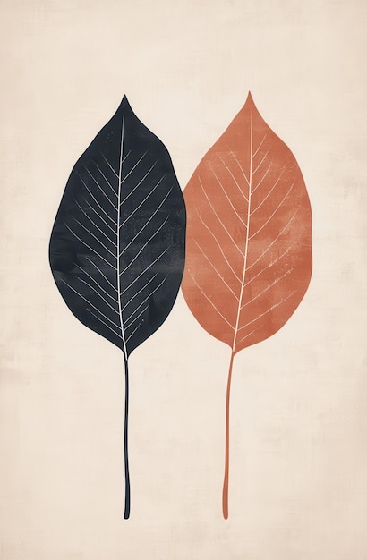 Photo elegant minimalist poster featuring two leaves one dark navy blue and the other warm terracotta on a textured background